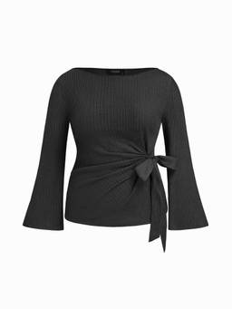 Cider - Textured Women's Side Knotted Ruched Boat Neck Top Black
