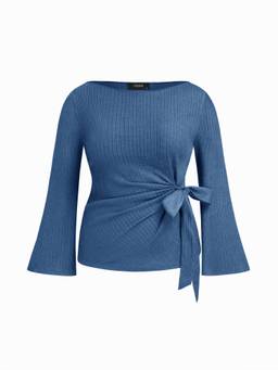 Cider - Textured Women's Side Knot Ruched Boat Neck Top Mid Blue