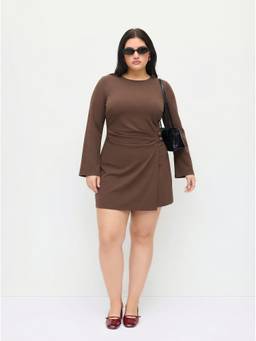 Cider - Side Belted Women's Ruched Bell Sleeve Mini Dress Coffee