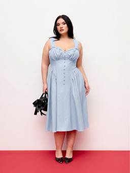 Cider - Cotton Blend Women Ruffled Lace-Up Flared Maxi Dress Blue