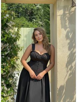 Cider - Cotton Blend Women U-Neck Ruffled Lace-Up Flared Maxi Dress Black