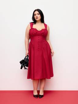 Cider - Cotton Blend Women Ruffled Lace-Up Flared Maxi Dress Red