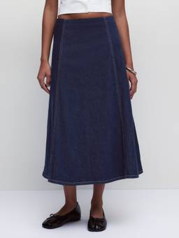 Cider - Stretch Denim Women High-Rise Pleated A-Line Midi Skirt Navy Blue