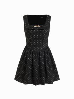 Cider - Jacquard Women's Square Neck Bow Flared Mini Dress Black