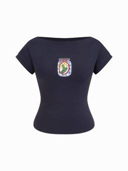 Cider - Cotton Blend Women's Applique Boat Neck T-Shirt Navy Blue