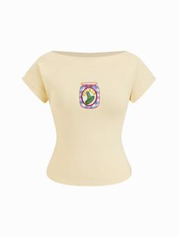 Cider - Cotton Blend Women's Applique Boat Neck T-Shirt Light Yellow