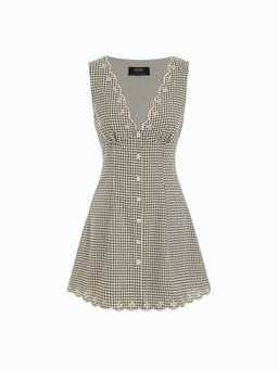 Cider - Cotton Blend Women Gingham V-Neck Scallop Hem A-Line Mini Dress Black