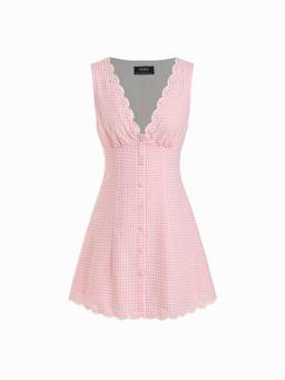 Cider - Cotton Blend Women’s Gingham V-Neck Scallop Hem A-Line Mini Dress Pink
