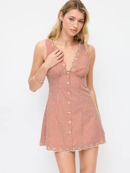 Cider - Cotton Blend Women Gingham V-Neck A-Line Mini Dress Red