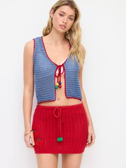 Cider - Knit Crochet Women's V-Neck Tie-Up Vest Baby Blue