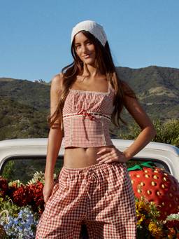 Cider - Gingham Women's Ruched Square Neck Corset Crop Top Red