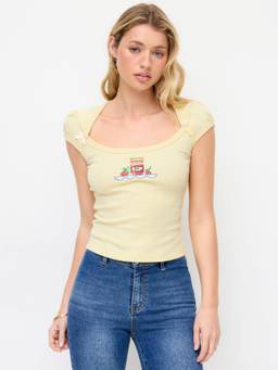 Cider - Fruit Embroidery Women's Regular Fit Scoop Neck T-Shirt Light Yellow