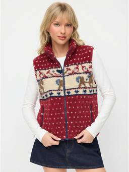 Cider - Fair Isle Women's Graphic Stand Collar Zip Vest Red