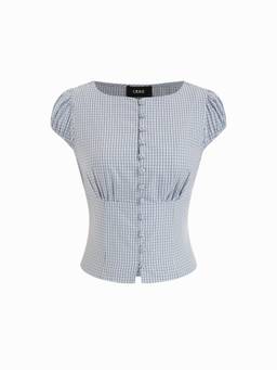 Cider - Gingham Women's Square Neck Puff Sleeve Blouse Blue