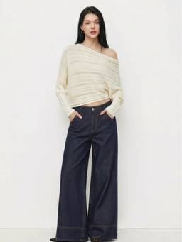 Cider - Knit Women's Oversized Asymmetrical Neck Batwing Top Cream