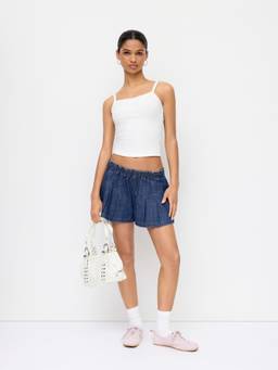 Cider - Denim Pleated Women's Low Waist Wide Leg Shorts Navy Blue