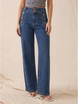 Cider - Stretch Denim Women's High Waist Straight Leg Trousers Navy Blue