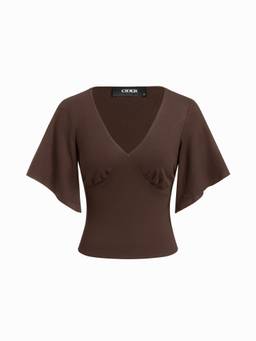 Cider - Ruched Women's V-Neck Bell Sleeve Top Brown