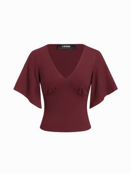 Cider - Ruched Women's V-Neck Bell Sleeve Top Burgundy