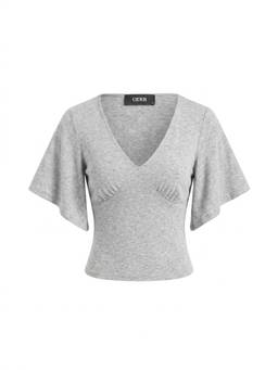 Cider - Ruched Women V-Neck Bell Sleeve Top Grey