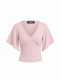 Cider - Women's Ruched V-Neck Bell Sleeve Top Pink