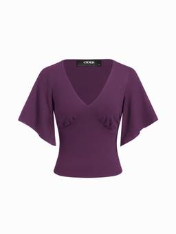 Cider - Women Ruched V-Neck Bell Sleeve Top Purple