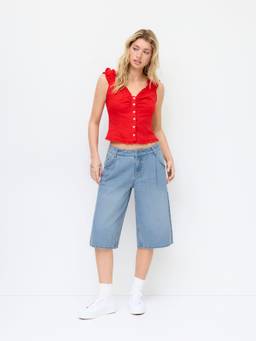 Cider - Washed Denim Women Mid-Rise Graphic Bermuda Shorts Indigo