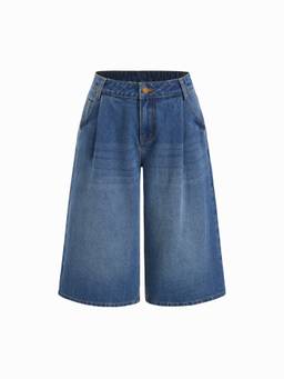 Cider - Washed Denim Women's Mid-Rise Graphic Wide Leg Bermuda Shorts Navy Blue