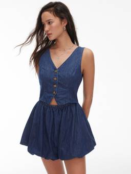 Cider - Denim Women's V-Neck Button Ruched Bubble Mini Dress Navy Blue