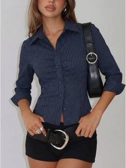Cider - Striped Women's Ruched Drawstring Button-Down Shirt Navy Blue