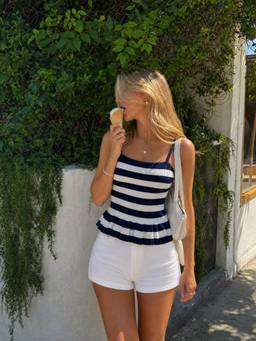 Cider - Knit Striped Women’s Square Neck Peplum Cami Top Navy Blue