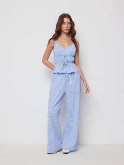Cider - Gingham Women's Ruched V-Neck Pant Set Blue