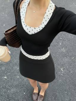 Cider - Polka Dot Women's Halter Neck V-Neck Long Sleeve Top Black