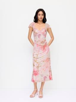 Cider - Mesh Sweetheart Women Floral Ruffle Sleeve Mermaid Maxi Dress Pink