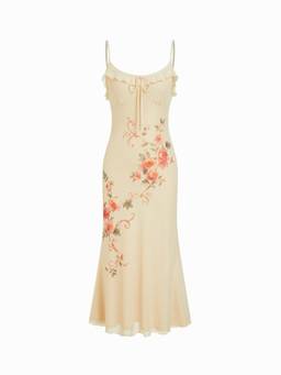 Cider - Women's Floral Ruffled Scoop Neck Mermaid Maxi Dress Yellow