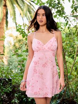 Cider - Floral Sequin Women's V-Neck Backless A-Line Mini Dress Pink