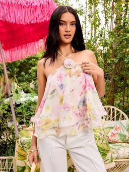 Cider - Chiffon Floral Women's Halter Neck Applique Ruffle Hem Top Pink