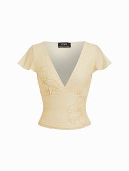 Cider - Floral Embroidery Women’s Rhinestone V-Neck Ruffle Sleeve Top Yellow