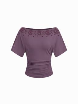Cider - Asymmetrical Neck Women's Embroidered Ruched Tee Purple