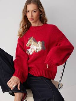 Cider - Horse Jacquard Women Oversized Crew Neck Pullover Sweater Red