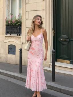 Cider - Mesh Sweetheart Women's Floral Print A-Line Maxi Dress Pink