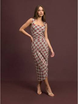 Cider - Geometric Checks Women Square Neck Wrap Ruched Midi Dress Wine