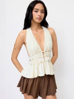 Cider - Ruched Ruffle Hem Women Halter Neck Top Beige