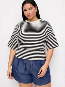 Cider - Cotton Blend Women Striped Cinched Waist Tee Black & White