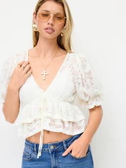 Cider - Lace Women's V-Neck Puff Sleeve Ruffled Top Beige