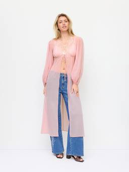 Cider - Chiffon Women's V-Neck Puff Sleeve Lace Panel Blouse Pink