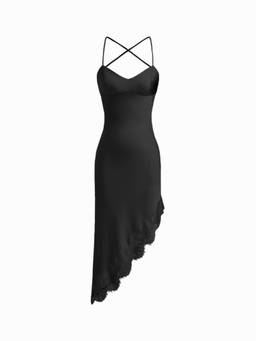 Cider - Satin Women's V-Neck Lace Backless Asymmetrical Maxi Dress Charcoal