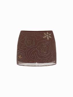 Cider - Textured Mesh Women Floral Beaded Sequin Mini Skort Brown