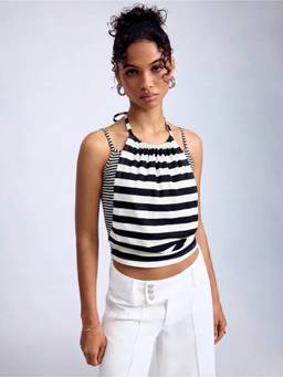 Cider - Cotton Blend Women Striped Halter Neck Cami Top Black
