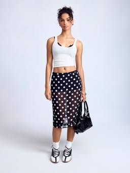 Cider - Chiffon Women's Polka Dot Sheer A-Line Midi Skirt Black